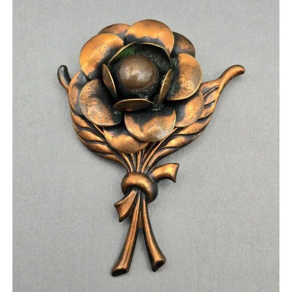 VTG Copper Flower Brooch Pin 2.5" Layered Petals Dimensional Design Statement - Picture 1 of 6